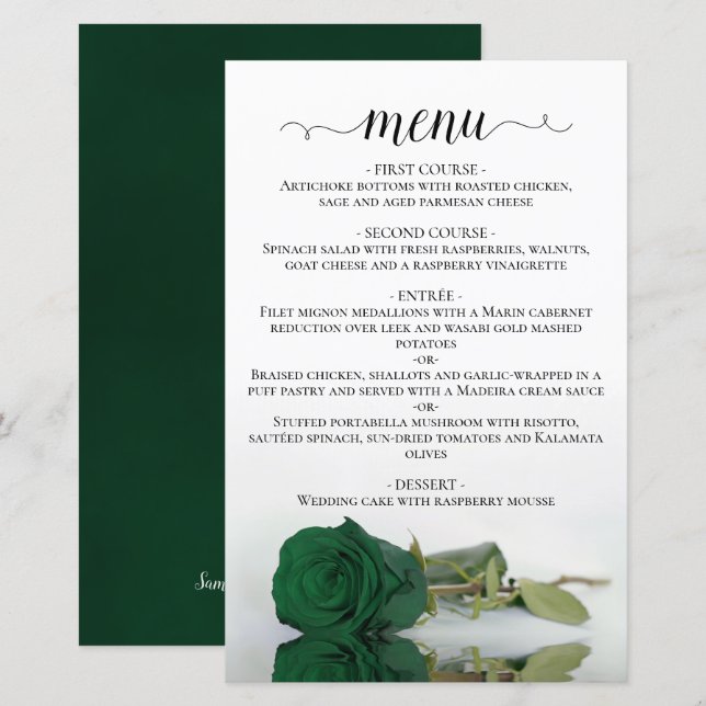 Elegantes Emerald Green Rose Budget Wedding Menu (Vorne/Hinten)