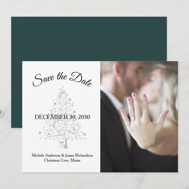 Elegantes Emerald Green Silver Winter Wedding Foto Save The Date (Vorne/Hinten)