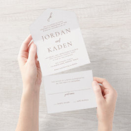 Elegantes erdiges neutrales Skript-Monogramm-Hochz All In One Einladung
