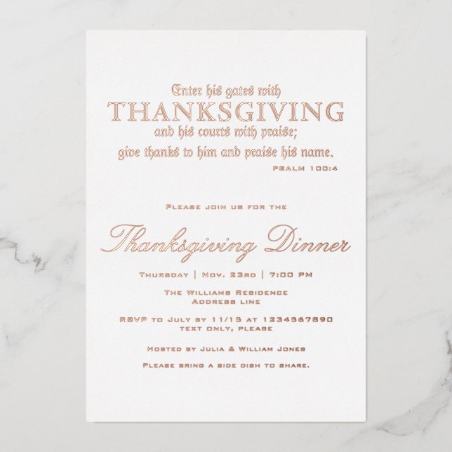 Elegantes Erntedank Dinner Party Psalm 100:4 Folieneinladung (Vorderseite)