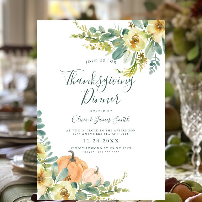 Elegantes Erntedank im Wasserfarbenfroh Einladung (Elegant Thanksgiving invitation with watercolor pumpkins and floral designs.)