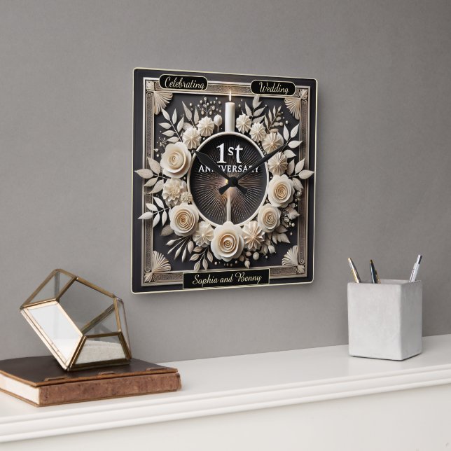 Elegantes erstes Jubiläum mit Blume Quadratische Wanduhr (Büro)