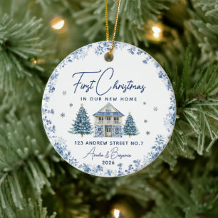 Elegantes erstes Weihnachtsfest - neue Zuhause-Blu Keramik Ornament