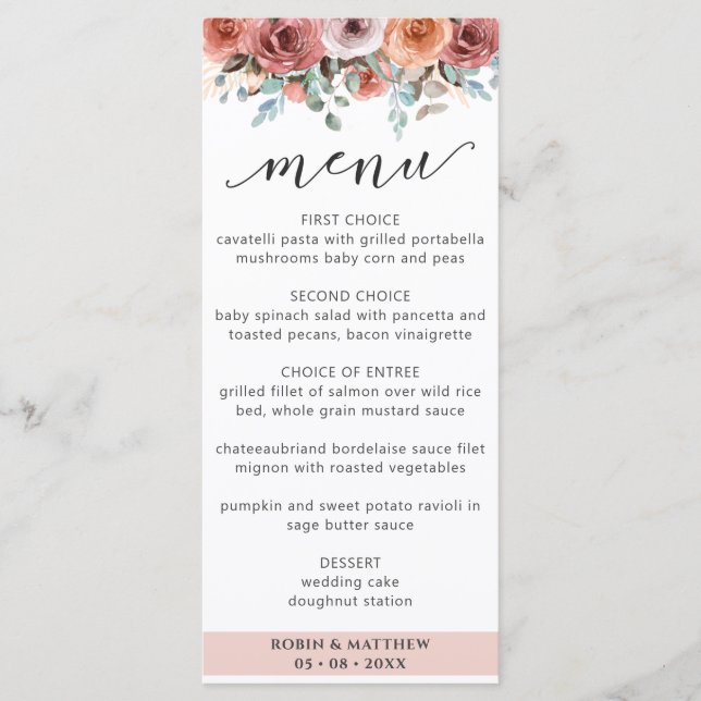Elegantes Ethereal Rose Goldflorale Hochzeitsmenü Menükarte (Vorderseite)