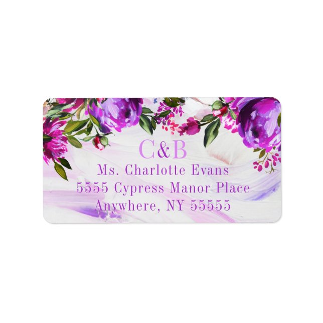 Elegantes Etikett für die Lila Floral Monogramm-Ad Adressaufkleber (Vorne)