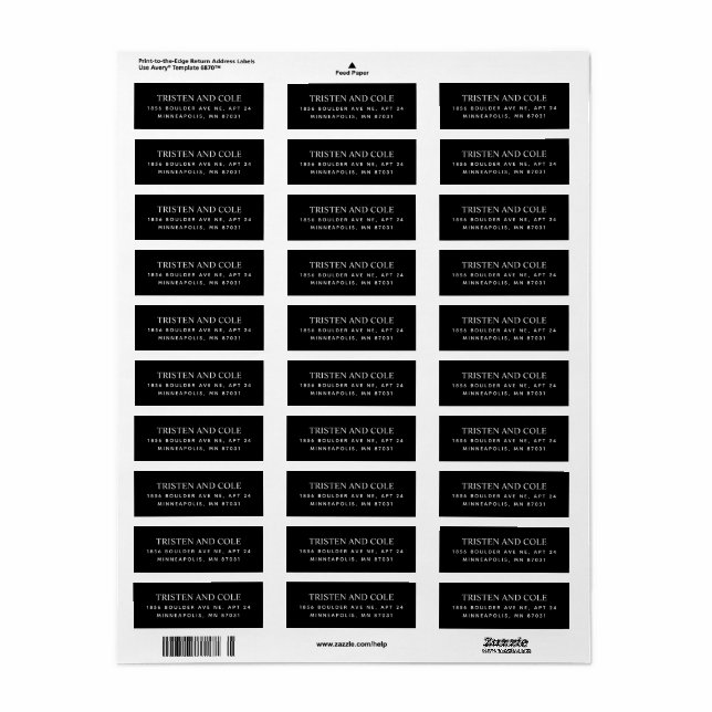 Élégantes étiquettes d'adresse de retour noires (Feuille entière)