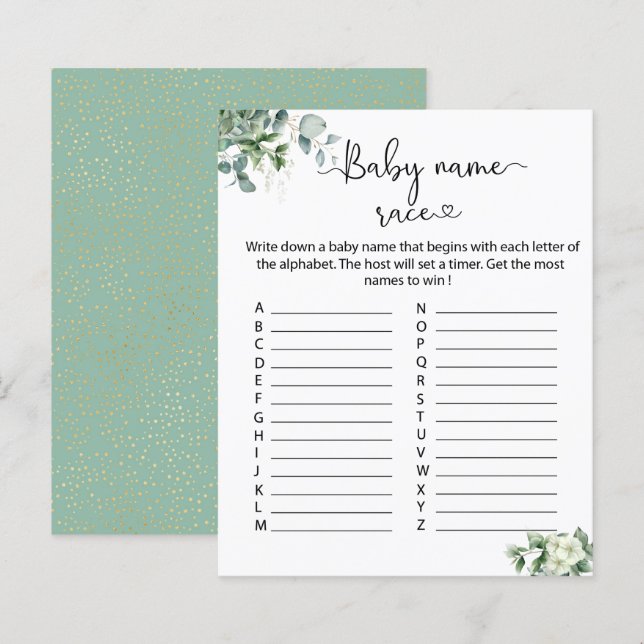 Elegantes Eucalyptus-Blätter Baby Name Race-Spiel (Vorne/Hinten)