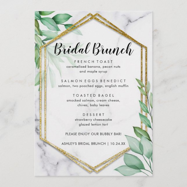 Elegantes Eucalyptus Marble Bridal Brunch Menü Menükarte (Vorderseite)