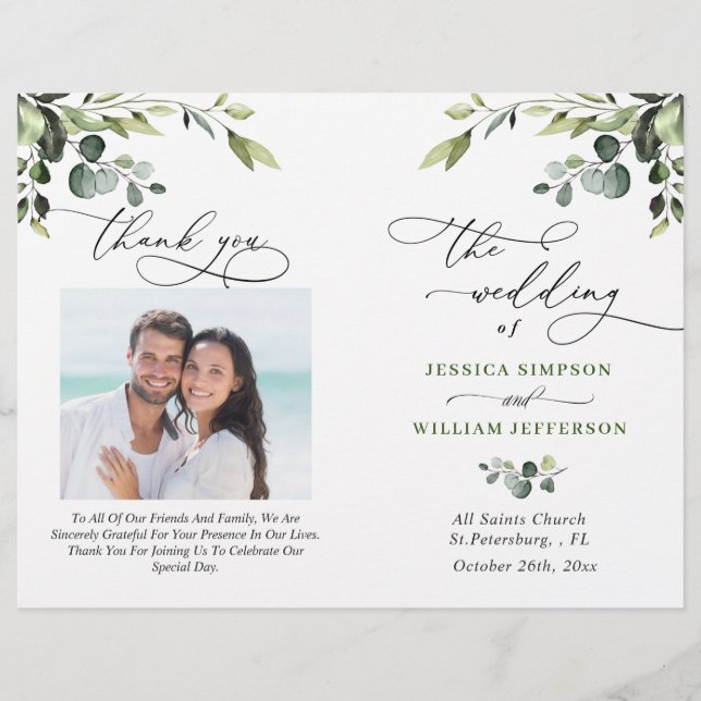 Elegantes Eucalyptus Watercolor Boho Hochzeitsprog (Vorderseite)