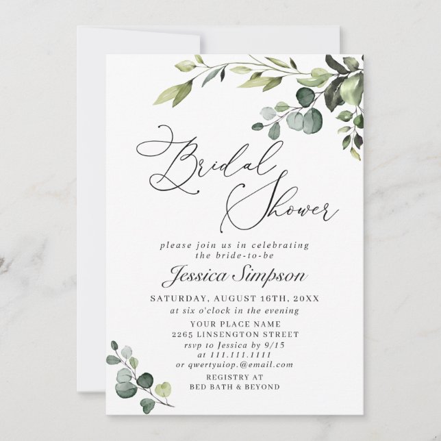 Elegantes Eucalyptus Watercolor-Brautparty Einladung (Vorderseite)