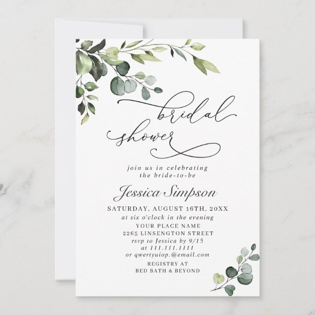 Elegantes Eucalyptus Watercolor-Brautparty Einladung (Vorderseite)