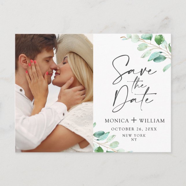 Elegantes Eucalyptus Wedding Foto Save the Date Postkarte (Vorderseite)