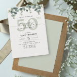 Elegantes Eukalyptus 50. Geburtstags-Überraschungs Einladung<br><div class="desc">Feiern Sie einen geliebten 50. Geburtstag im Stil, elegantes Design für eine elegante Person. Das Design ist mit einem Eukalyptustop in Aquarellfarbe mit einigen Blume ausgestattet. Der gesamte Text ist für jedes Geburtstagsalter anpassbar. Das Design ist auf der Rückseite komplett mit einem soliden, passenden grünen Hintergrund und einem zusätzlichen Vorlagenraum...</div>