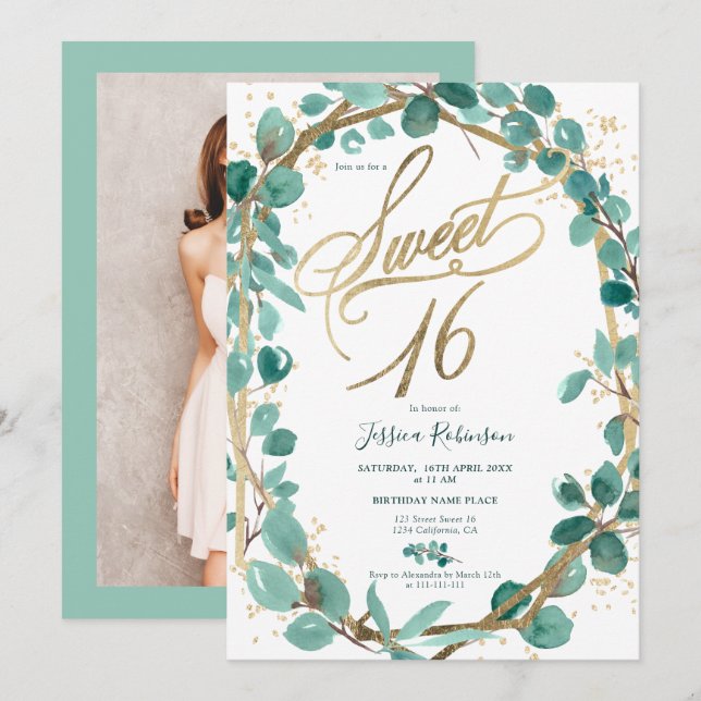 Elegantes Eukalyptus-Blatt-Foto-Skript, süß 16 Einladung (Vorne/Hinten)