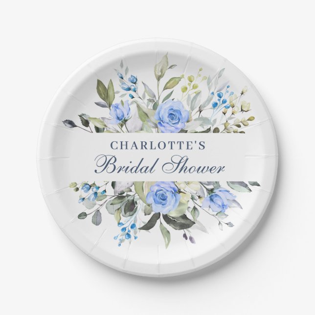 Elegantes Eukalyptus Blue Floral Rose Brautparty Pappteller (Vorderseite)