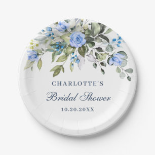 Elegantes Eukalyptus Blue Floral Rose Brautparty Pappteller