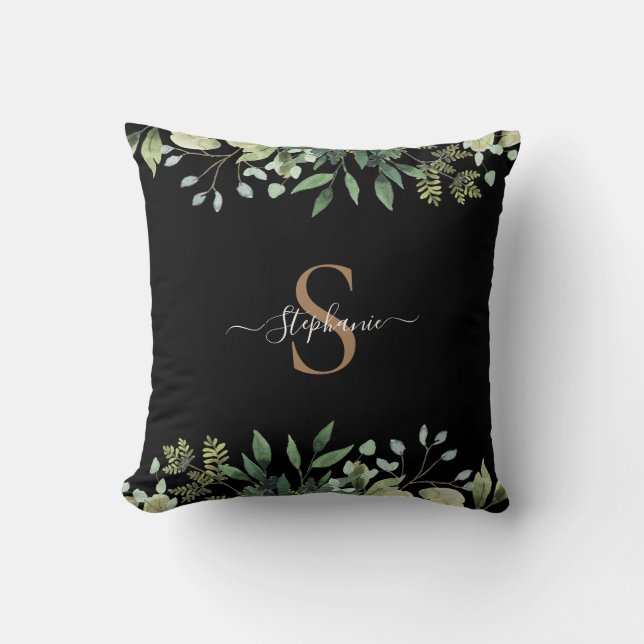 Elegantes Eukalyptus Botanical Gold Monogram Scrip Kissen (Vorderseite)