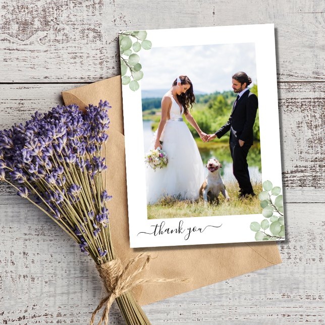 Elegantes Eukalyptus Botanisches Hochzeitssemble-F Dankeskarte (Elegant Eucalyptus Botanical Wedding Photo Thank You Card)