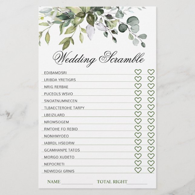 Elegantes Eukalyptus Brautparty Scramble Game (Vorderseite)