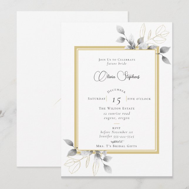 Elegantes Eukalyptus Calligraphy Gold Brautparty Einladung (Vorne/Hinten)