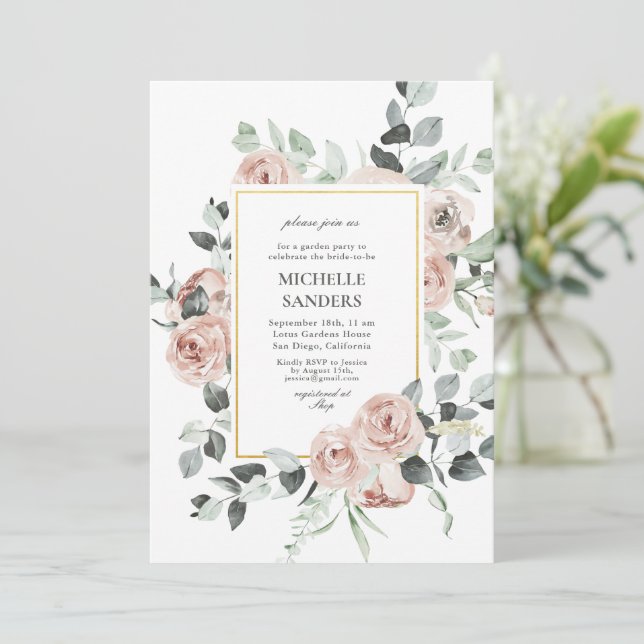 Elegantes Eukalyptus Dusty Rose Brautparty Einladung (Stehend Vorderseite)