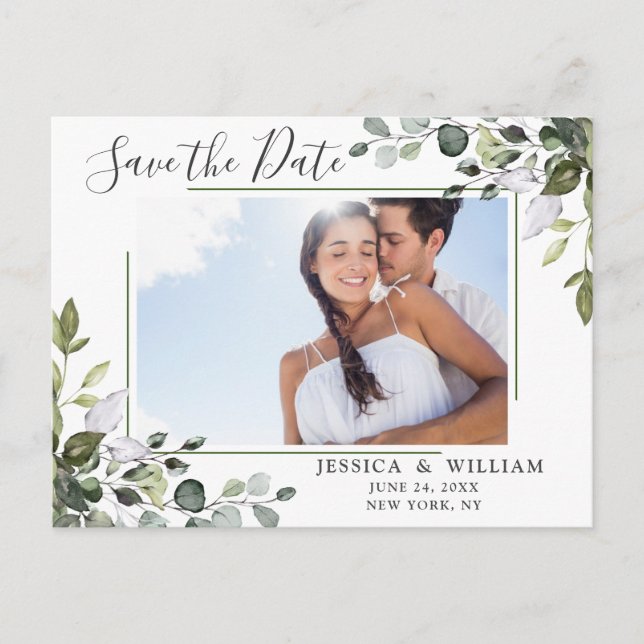 Elegantes Eukalyptus-FOTO Hochzeit Speichern Sie d Postkarte (Vorderseite)