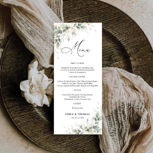 Elegantes Eukalyptus-Hochzeitsmenü Menükarte