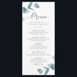 Elegantes Eukalyptus & Kalligrafisches Skriptdinne Menükarte<br><div class="desc">Einfache Minimalistische Eukalyptus Frame Skript Hochzeit Dinner Empfang 4 Course Meal Menu Karten. Ideal für den Frühlings- oder Sommergarten oder für die Themenabende im Freien. In einer sanften, dezenten Farbpalette mit aquamarinen Aqua-Grüntönen, pastellfarbener Minze, staubblauen Grauen und schlichter Klassik. Der elegante Script-Kalligraphie-Schriftart ist ein Feature für das Wort Menu. Dieses...</div>