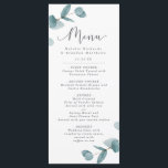 Elegantes Eukalyptus & Kalligrafisches Skriptdinne Menükarte<br><div class="desc">Einfache Minimalistische Eukalyptus Frame Skript Hochzeit Dinner Empfang 4 Course Meal Menu Karten. Ideal für den Frühlings- oder Sommergarten oder für die Themenabende im Freien. In einer sanften, dezenten Farbpalette mit aquamarinen Aqua-Grüntönen, pastellfarbener Minze, staubblauen Grauen und schlichter Klassik. Der elegante Script-Kalligraphie-Schriftart ist ein Feature für das Wort Menu. Dieses...</div>