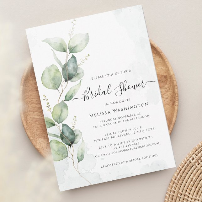 Elegantes Eukalyptus-Minimalistisches Brautparty Einladung (Eucalyptus Greenery Script Watercolor Bridal Shower Invitation)
