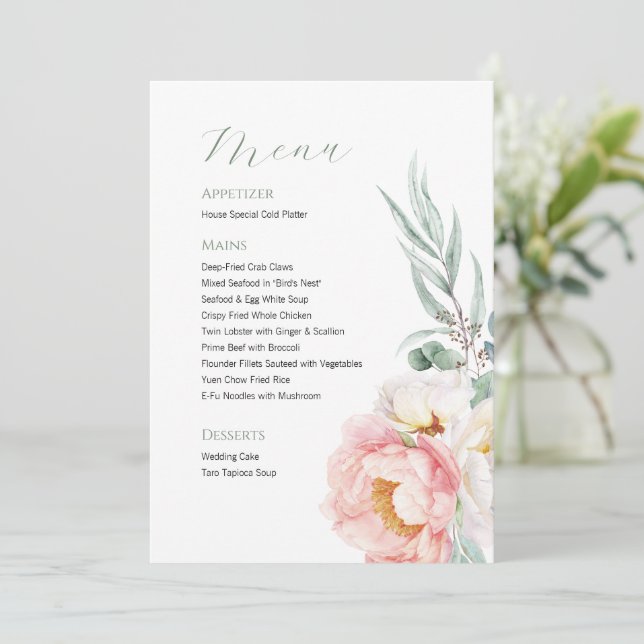 Elegantes Eukalyptus Peonies Wedding Menu Menükarte (Stehend Vorderseite)