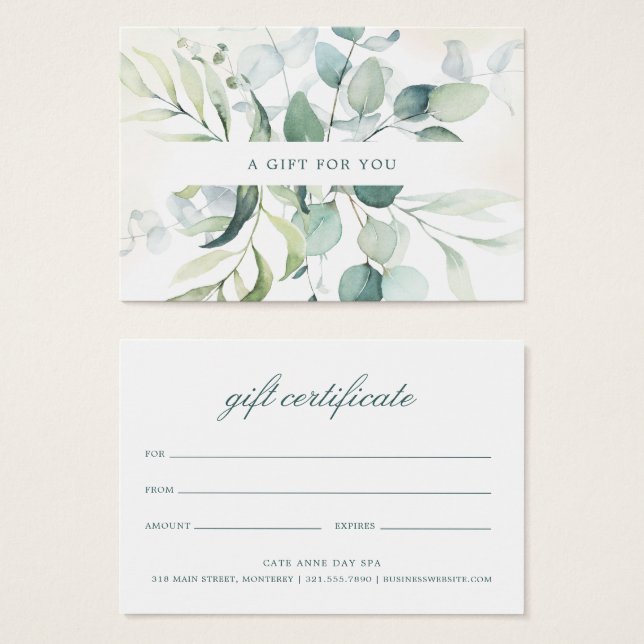 Elegantes Eukalyptus Rustic Geschenkzertifikat (Vorne & Hinten)