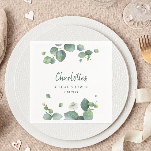 Elegantes Eukalyptus-Skript-Brautabschiedspapier Serviette (Watercolor Eucalyptus Greenery Script Paper Napkin)