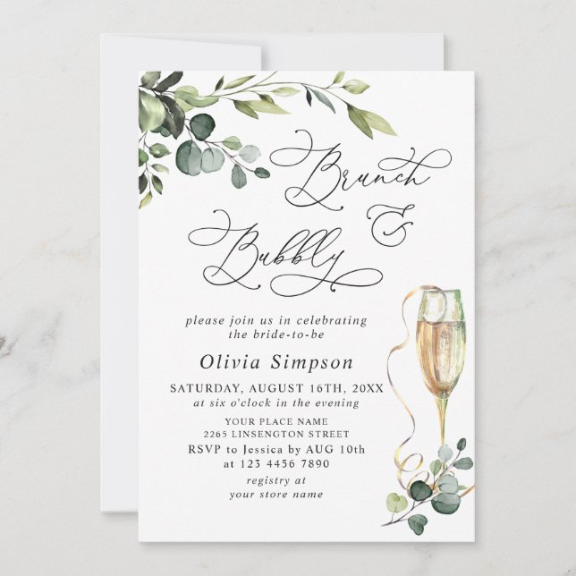 Elegantes Eukalyptus Watercolor Brunch & Bubbly Einladung (Vorderseite)