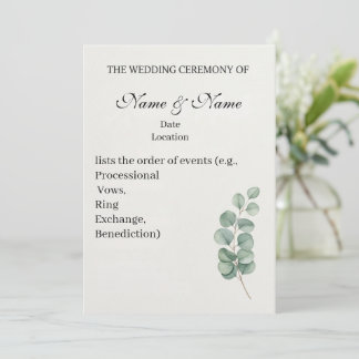 Elegantes Eukalyptus Watercolor Hochzeitsprogramm Programm