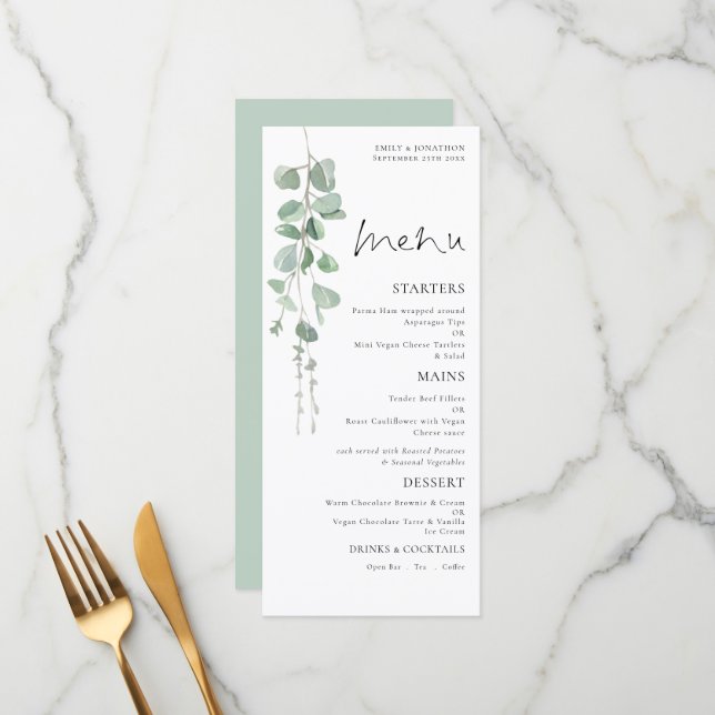 Elegantes Eukalyptus Wedding Menu Menükarte (Vorderseite/Rückseite Beispiel)