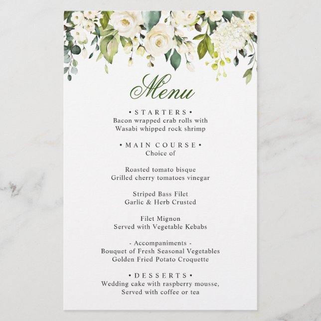 Elegantes Eukalyptus White Roses Hochzeitmenü (Vorderseite)