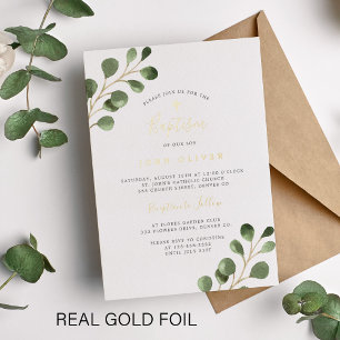 Elegantes Eukalyptusgrün Taufe echtes Gold Folieneinladung