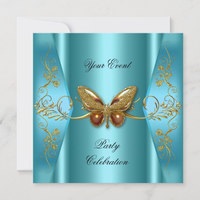 Elegantes Event-Party Aquamarin Blue Gold Butterfl Einladung (Vorderseite)