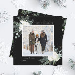 Elegantes Evergreen & Cotton Blume Foto Black Feiertagskarte<br><div class="desc">Dieses Weihnachtsfest | Holiday Square Karte verfügt über handbemalte Wintergarten,  Baumwolle Blume mit goldenen und Aquarellfarben auf schwarzem Hintergrund.</div>