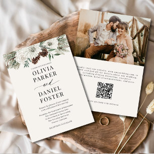 Elegantes Evergreen Winter Foto QR Code Hochzeit Einladung