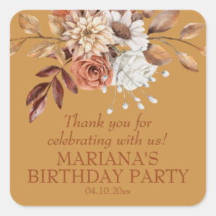 Elegantes Fall Floral Gold Gastgeschenk Quadratischer Aufkleber
