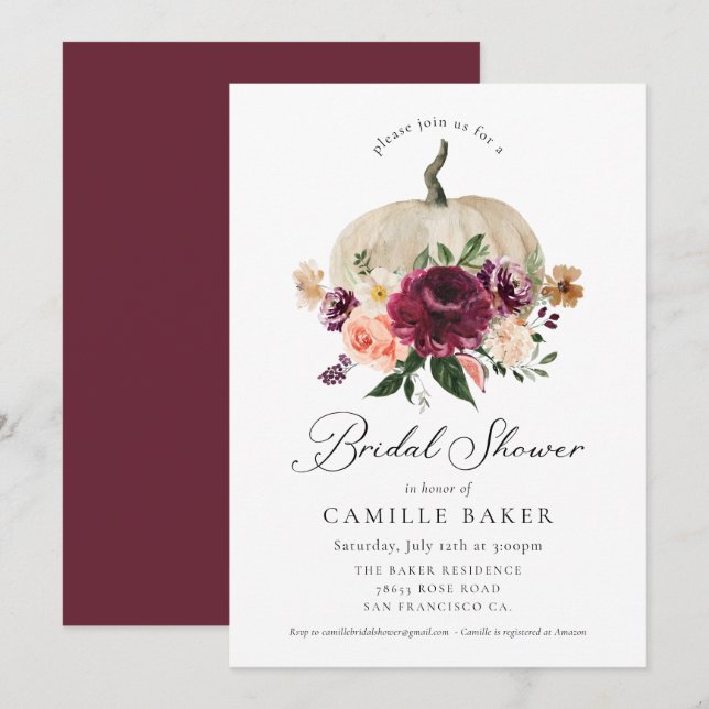 Elegantes Fall Pumpkin Burgundy Floral Brautparty Einladung (Vorne/Hinten)