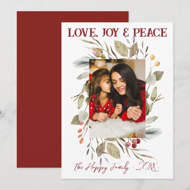 Elegantes Family Foto Wreath Berries Red Einladung (Vorne/Hinten)
