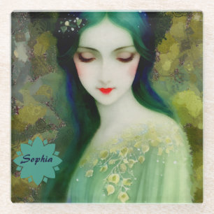 Elegantes Fantasy Frauenportrait in Grün und Blau Glasuntersetzer
