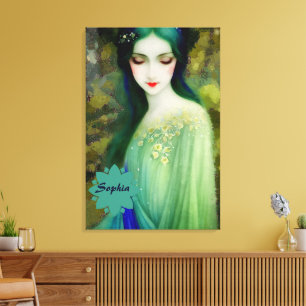 Elegantes Fantasy Frauenportrait in Grün und Blau Leinwanddruck