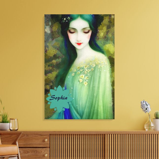 Elegantes Fantasy Frauenportrait in Grün und Blau Leinwanddruck (Insitu (Wohnzimmer))