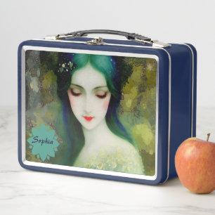 Elegantes Fantasy Frauenportrait in Grün und Blau Metall Brotdose
