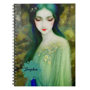 Elegantes Fantasy Frauenportrait in Grün und Blau Notizblock
