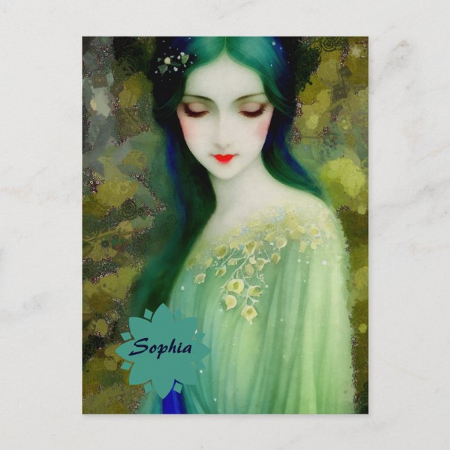 Elegantes Fantasy Frauenportrait in Grün und Blau Postkarte (Vorderseite)